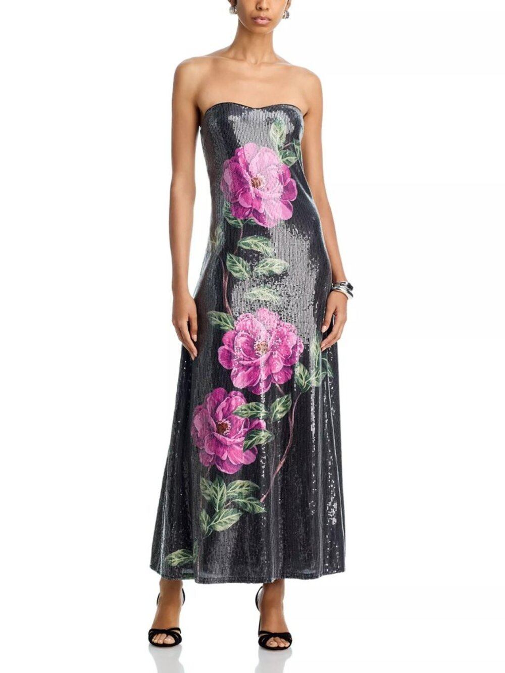 Black Sequin Strapless Midi Dress With Pink Floral Design